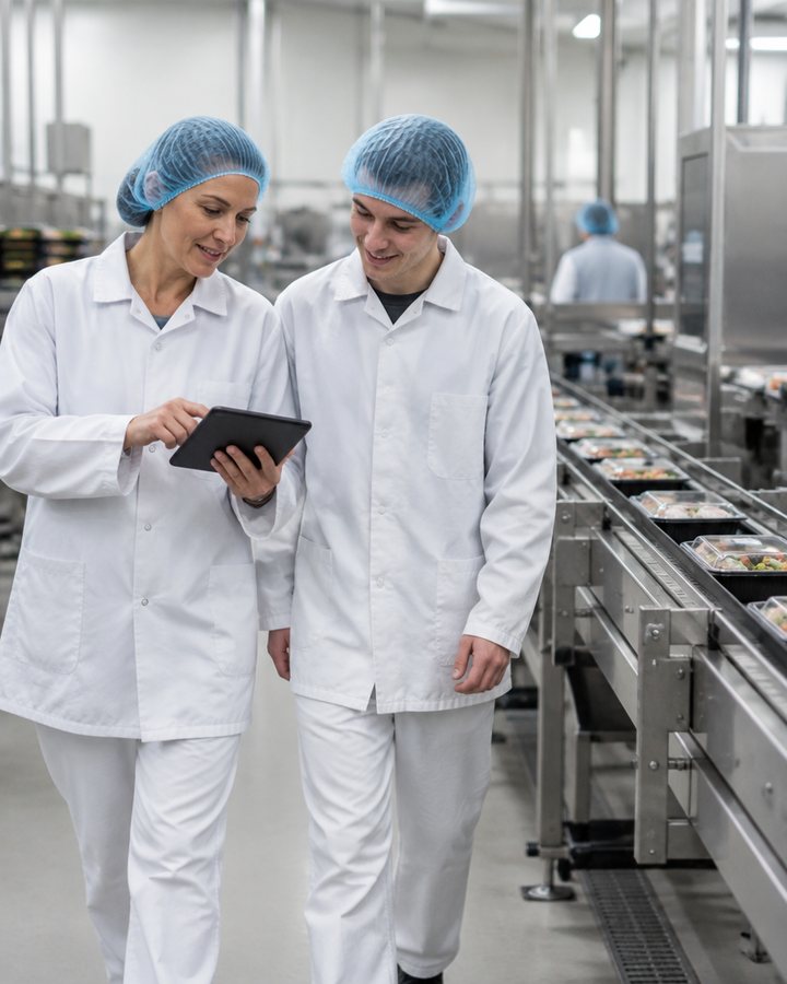 Een ploegleider laat een collega iets zien op de tablet terwijl ze langs de productielijn lopen