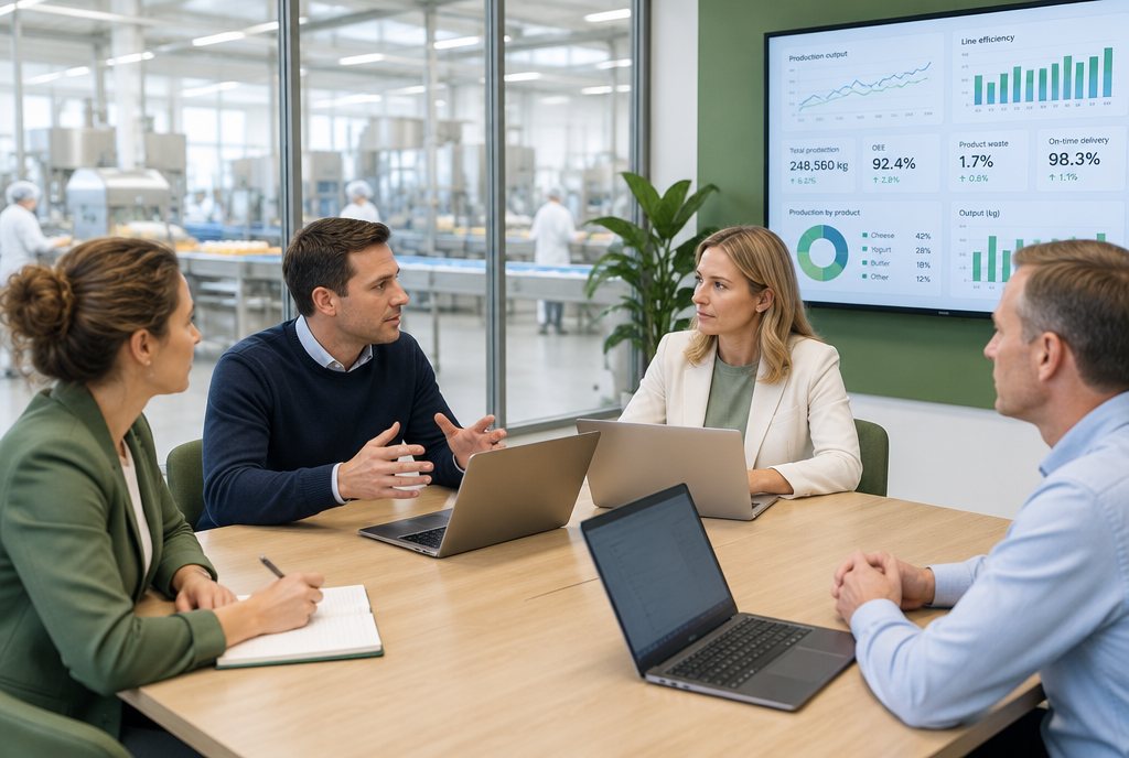 Overleg aan tafel met laptops en een dashboard, met de productie achter het glas